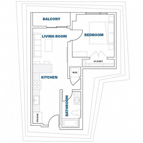 Floor plan for 1 bed, 1 bath, 600 sqft
