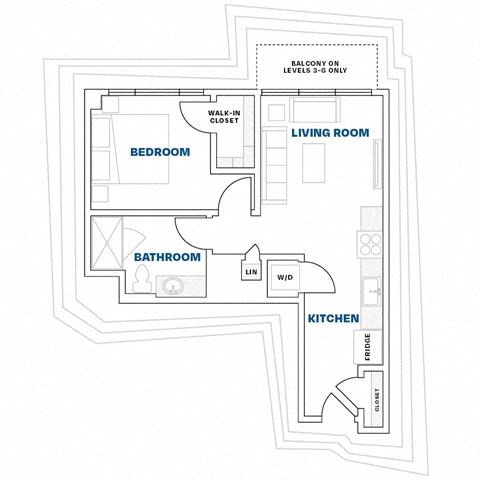 Floor plan for 1 bed, 1 bath, 661 sqft