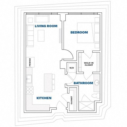 Floor plan for 1 bed, 1 bath, 747 sqft