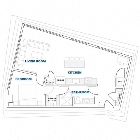 Floor plan for 1 bed, 1 bath, 905 sqft