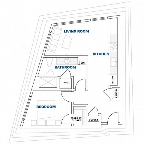 Floor plan for 1 bed, 1 bath, 736 sqft
