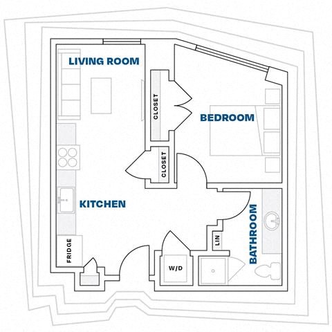 Floor plan for 1 bed, 1 bath, 745 sqft