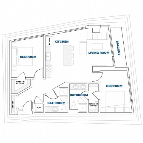 Floor plan for 2 beds, 2 baths, 1031 sqft