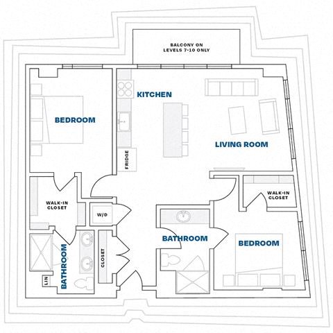 Floor plan for 2 beds, 2 baths, 1096 sqft