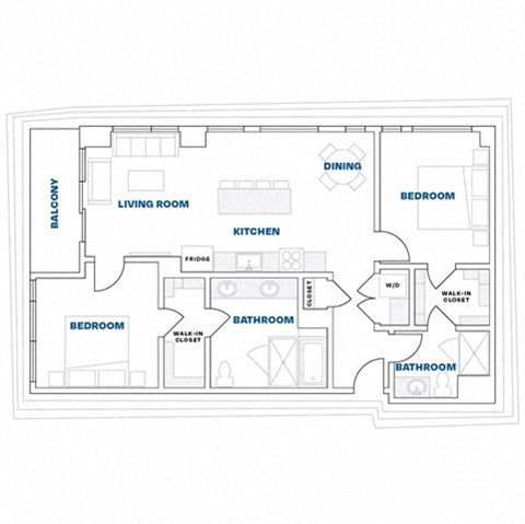 Floor plan for 2 beds, 2 baths, 1085 sqft
