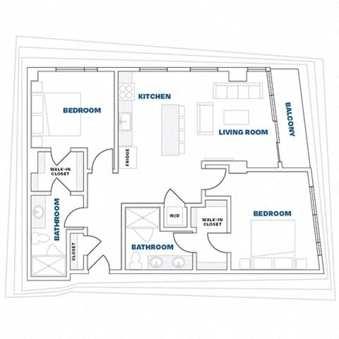 Floor plan for 2 beds, 2 baths, 1147 sqft