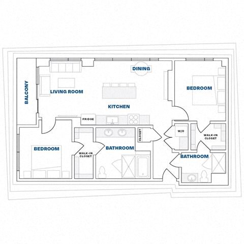 Floor plan for 2 beds, 2 baths, 1085 sqft