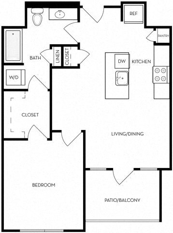 Floor plan for 1 bed, 1 bath, 733 sqft