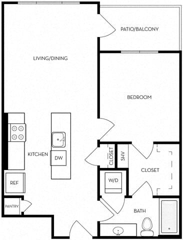 Floor plan for 1 bed, 1 bath, 758 sqft