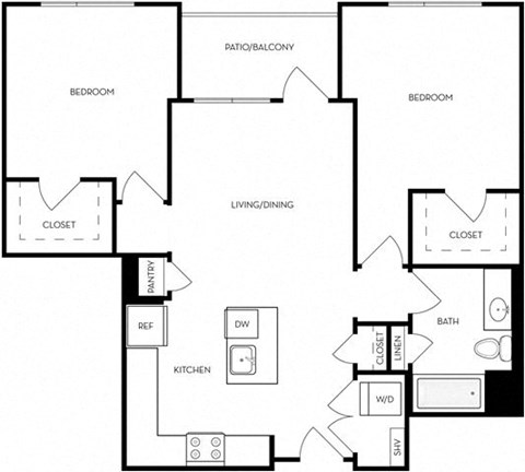 Floor plan for 2 beds, 1 bath, 991 sqft