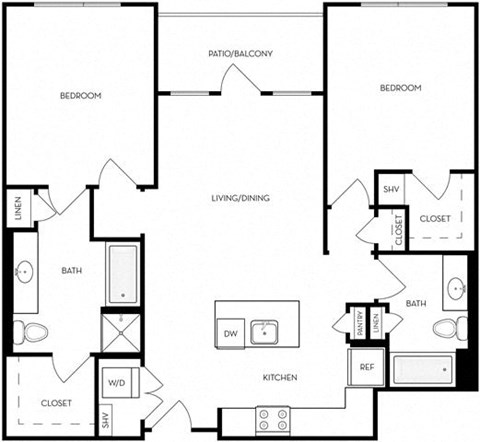 Floor plan for 2 beds, 2 baths, 1127 sqft