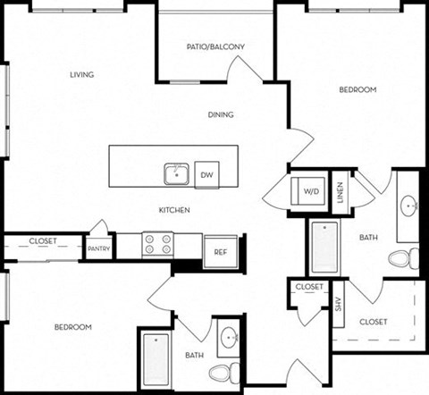 Floor plan for 2 beds, 2 baths, 1128 sqft