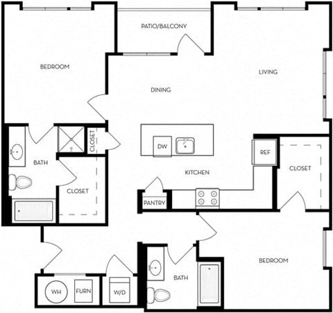 Floor plan for 2 beds, 2 baths, 1163 sqft