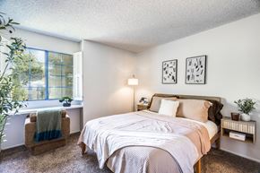 Albuquerque apartment for rent - A bedroom with a large bed and a window with a view of the outside.