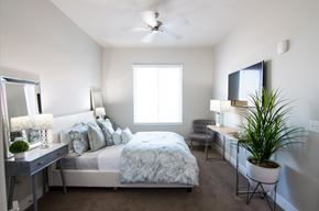 Salt Lake City apartment for rent - A bedroom with a bed, a chair, a plant, and a mirror.