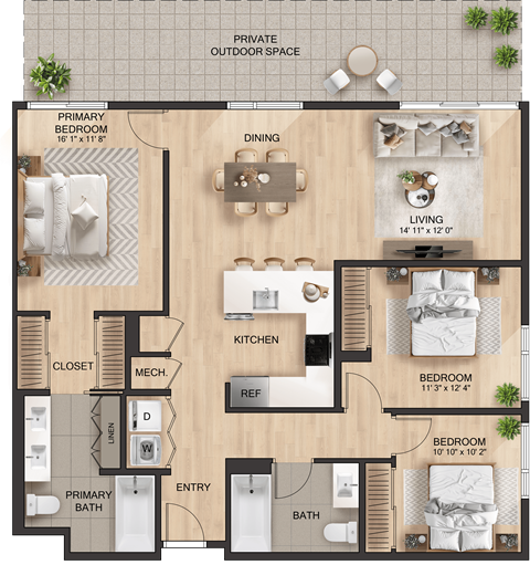 Floor plan for 3 beds, 2 baths, 1406 sqft