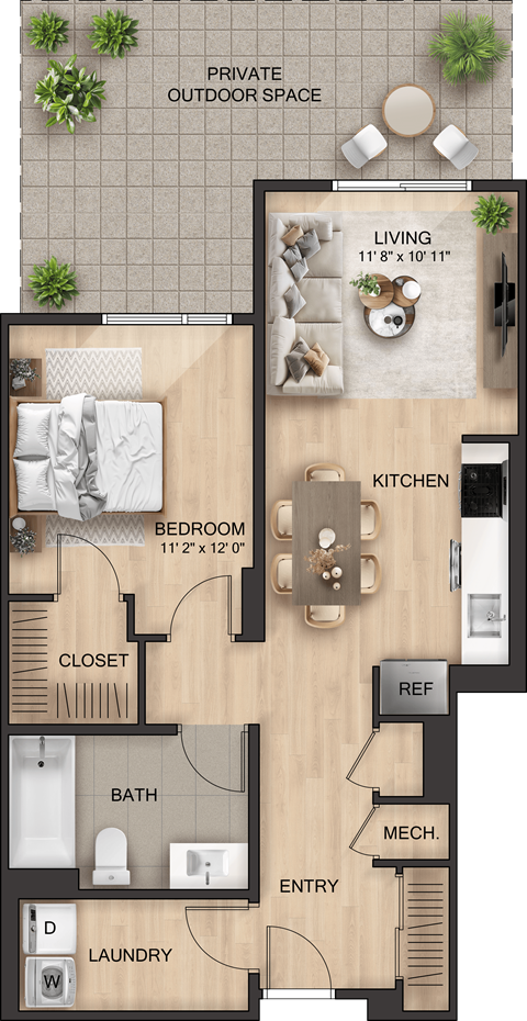 Floor plan for 1 bed, 1 bath, 722 sqft