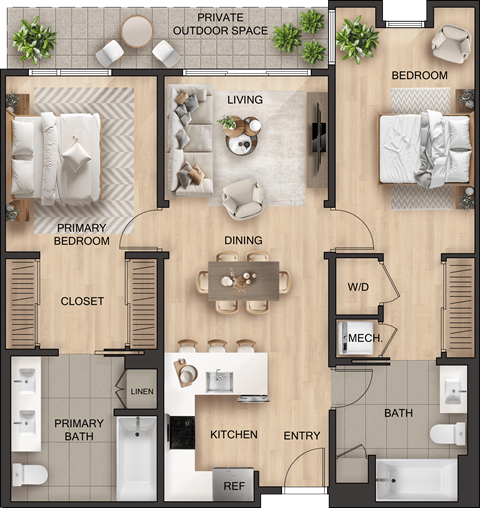Floor plan for 2 beds, 2 baths, 1036 sqft