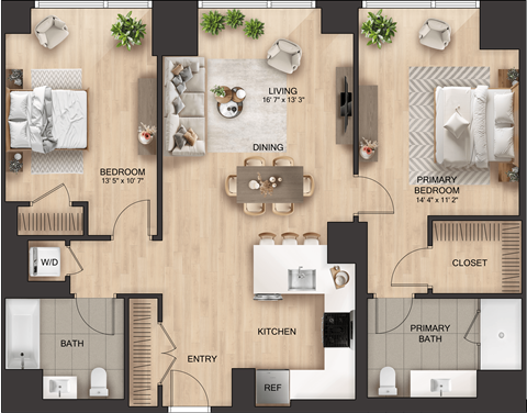 Floor plan for 2 beds, 2 baths, 1079 sqft