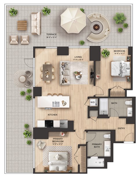Floor plan for 2 beds, 2 baths, 1230 sqft