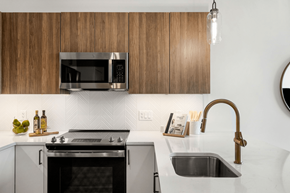 Brighton apartment for rent - A modern kitchen with a black oven and a black microwave above it.