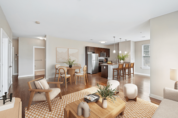 Westborough apartment for rent - A modern living room with a patterned rug and wooden furniture.