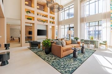 Orlando apartment for rent - A living room with a large couch and a rug in the center.