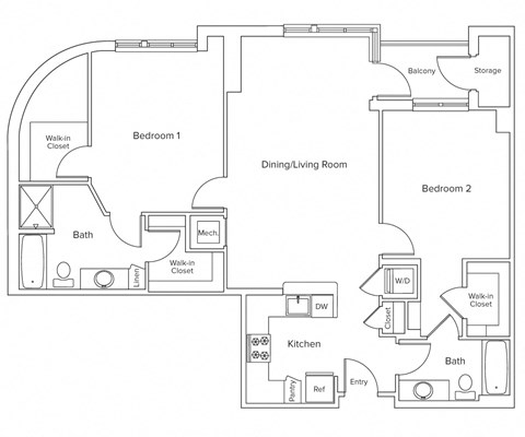 Floor plan for 2 beds, 2 baths, 1231 sqft