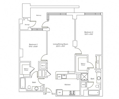 Floor plan for 2 beds, 2 baths, 1231 sqft
