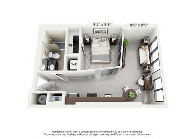 Floor plan for studio, 1 bath, 523 sqft