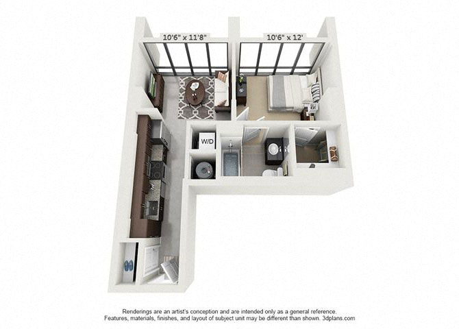 Floor plan for 1 bed, 1 bath, 537 sqft