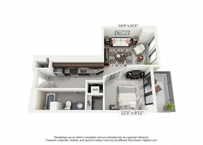 Floor plan for studio, 1 bath, 557 sqft