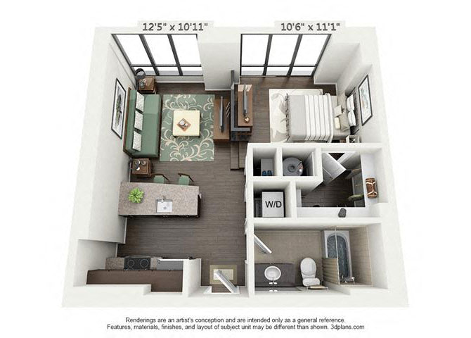 Floor plan for studio, 1 bath, 561 sqft