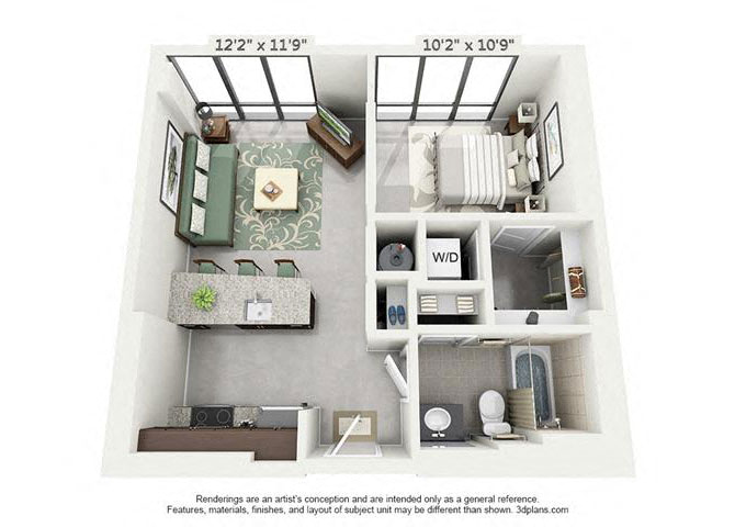 Floor plan for studio, 1 bath, 572 sqft
