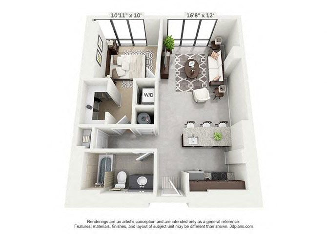Floor plan for 1 bed, 1 bath, 694 sqft