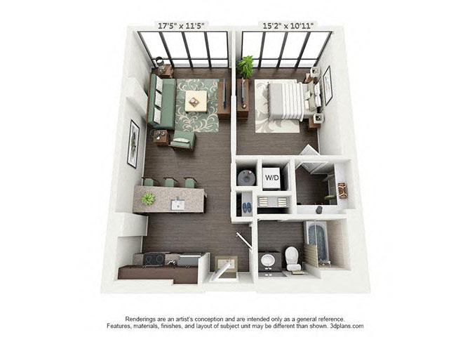 Floor plan for 1 bed, 1 bath, 700 sqft