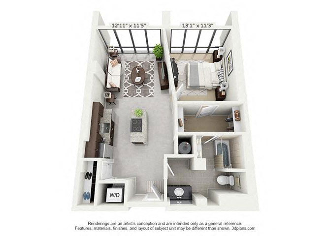 Floor plan for 1 bed, 1 bath, 704 sqft