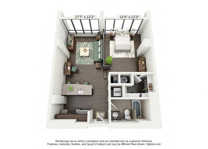 Floor plan for 1 bed, 1 bath, 726 sqft