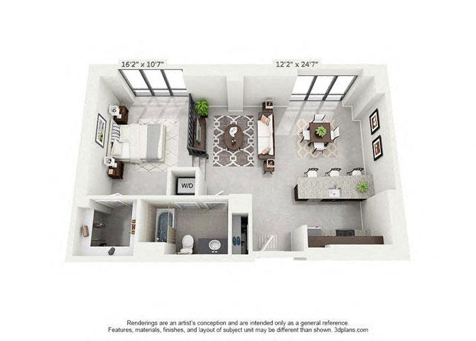 Floor plan for 1 bed, 1 bath, 856 sqft