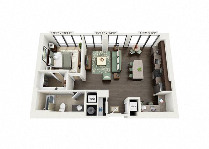 Floor plan for 1 bed, 1 bath, 858 sqft