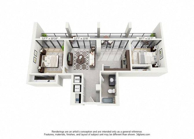 Floor plan for 2 beds, 1 bath, 834 sqft