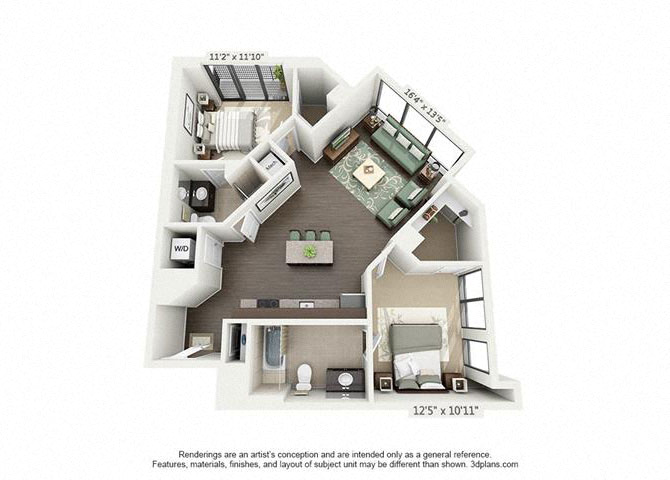 Floor plan for 2 beds, 2 baths, 952 sqft