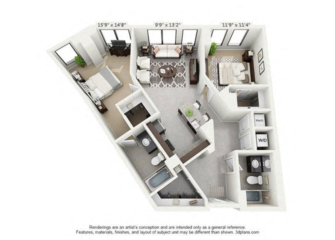 Floor plan for 2 beds, 2 baths, 959 sqft
