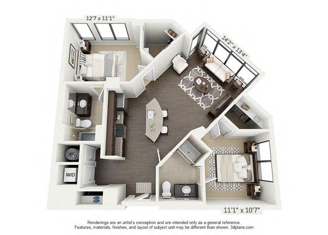 Floor plan for 2 beds, 2 baths, 991 sqft