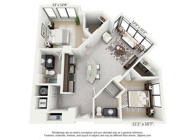 Floor plan for 2 beds, 2 baths, 1030 sqft