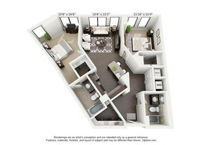 Floor plan for 2 beds, 2 baths, 1044 sqft