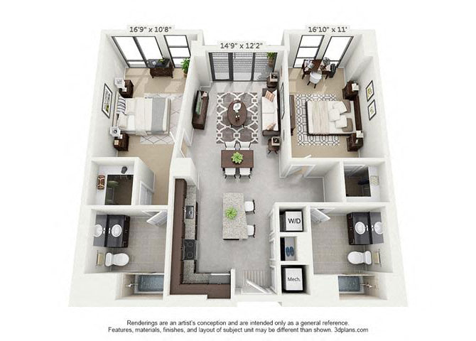 Floor plan for 2 beds, 2 baths, 1067 sqft