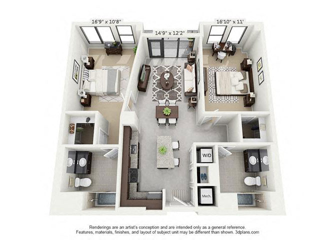 Floor plan for 2 beds, 2 baths, 1129 sqft