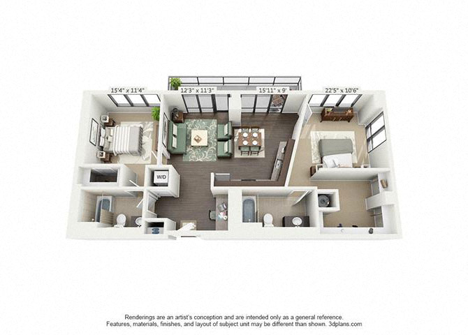 Floor plan for 2 beds, 2 baths, 1155 sqft