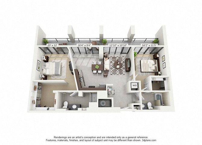 Floor plan for 2 beds, 2 baths, 1162 sqft